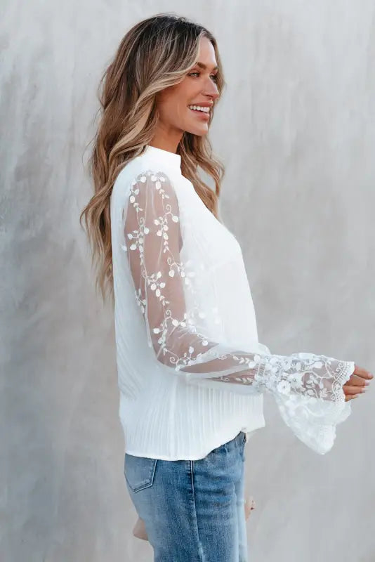 Apricot pink lace sleeve blouse - blouses