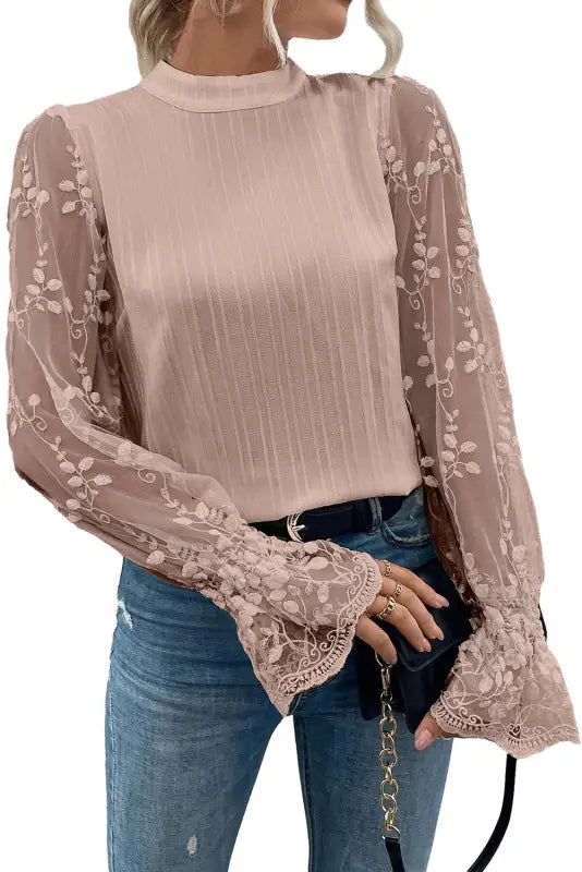 Apricot pink lace sleeve blouse - blouses