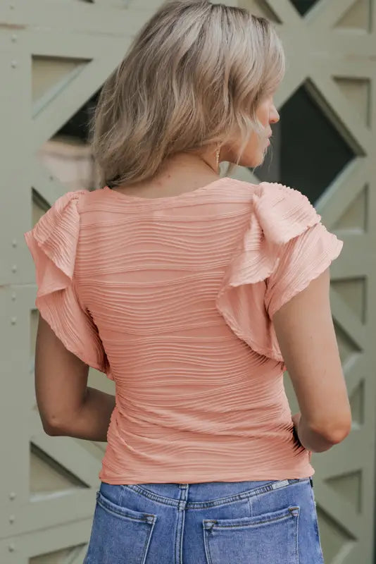 Apricot pink ruffle sleeve top - blouses