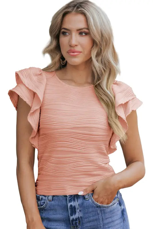 Apricot pink ruffle sleeve top - blouses