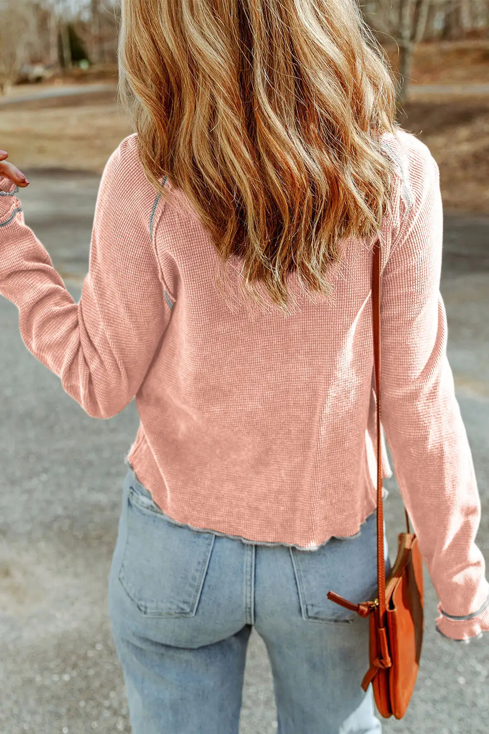 Apricot pink textured round neck long sleeve top - tops