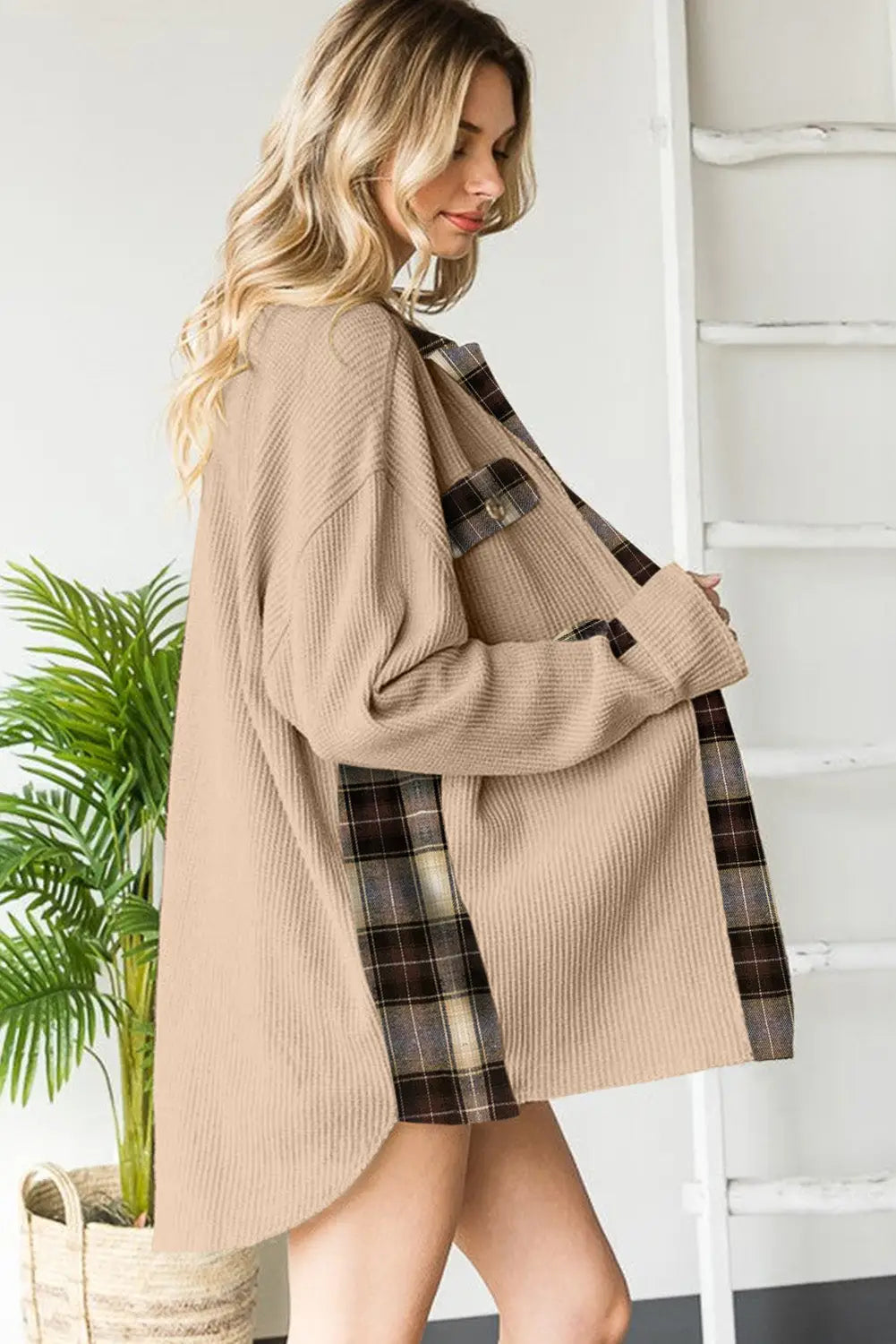 Apricot plaid patchwork waffle thermal knit shacket -
