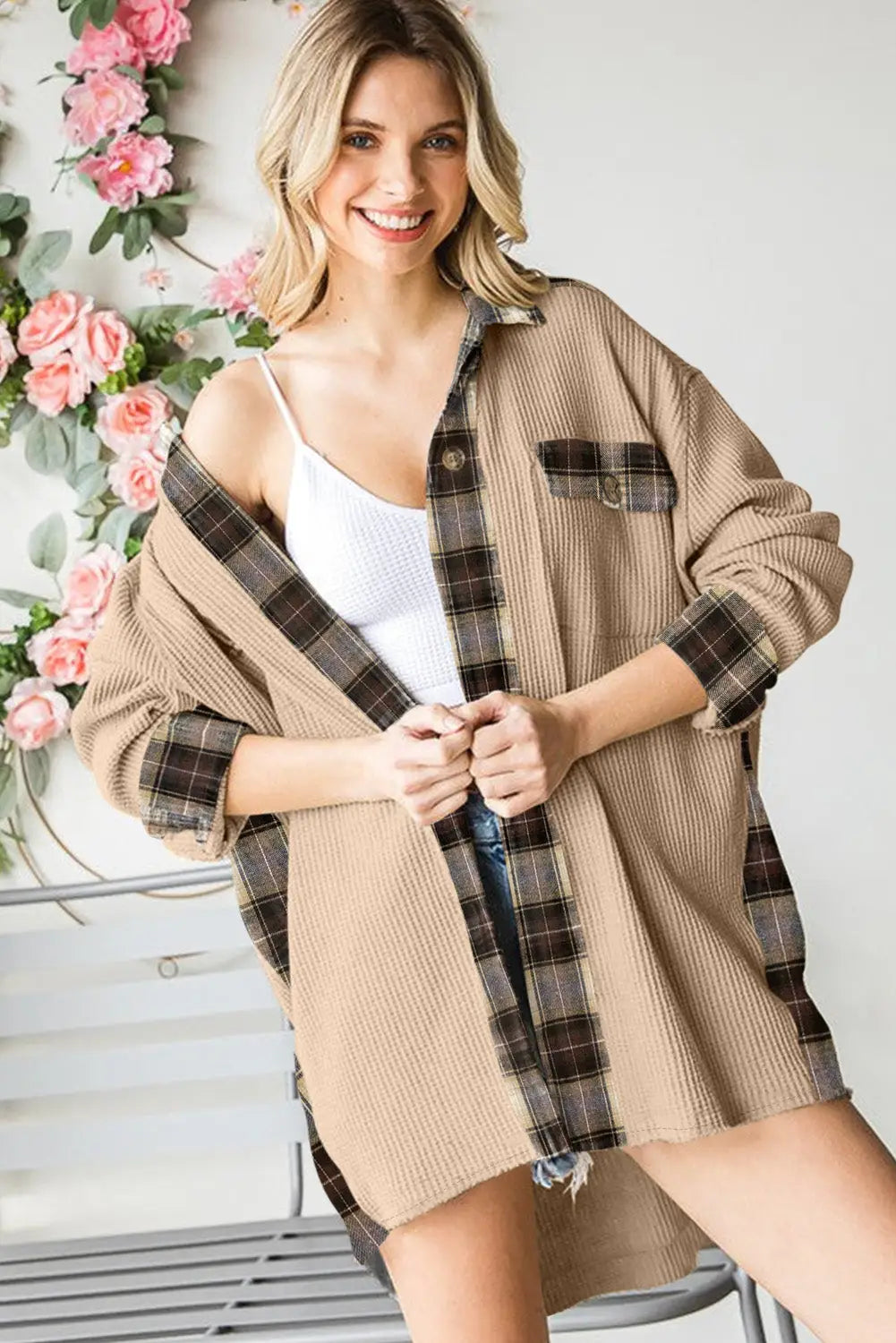 Apricot plaid patchwork waffle thermal knit shacket -