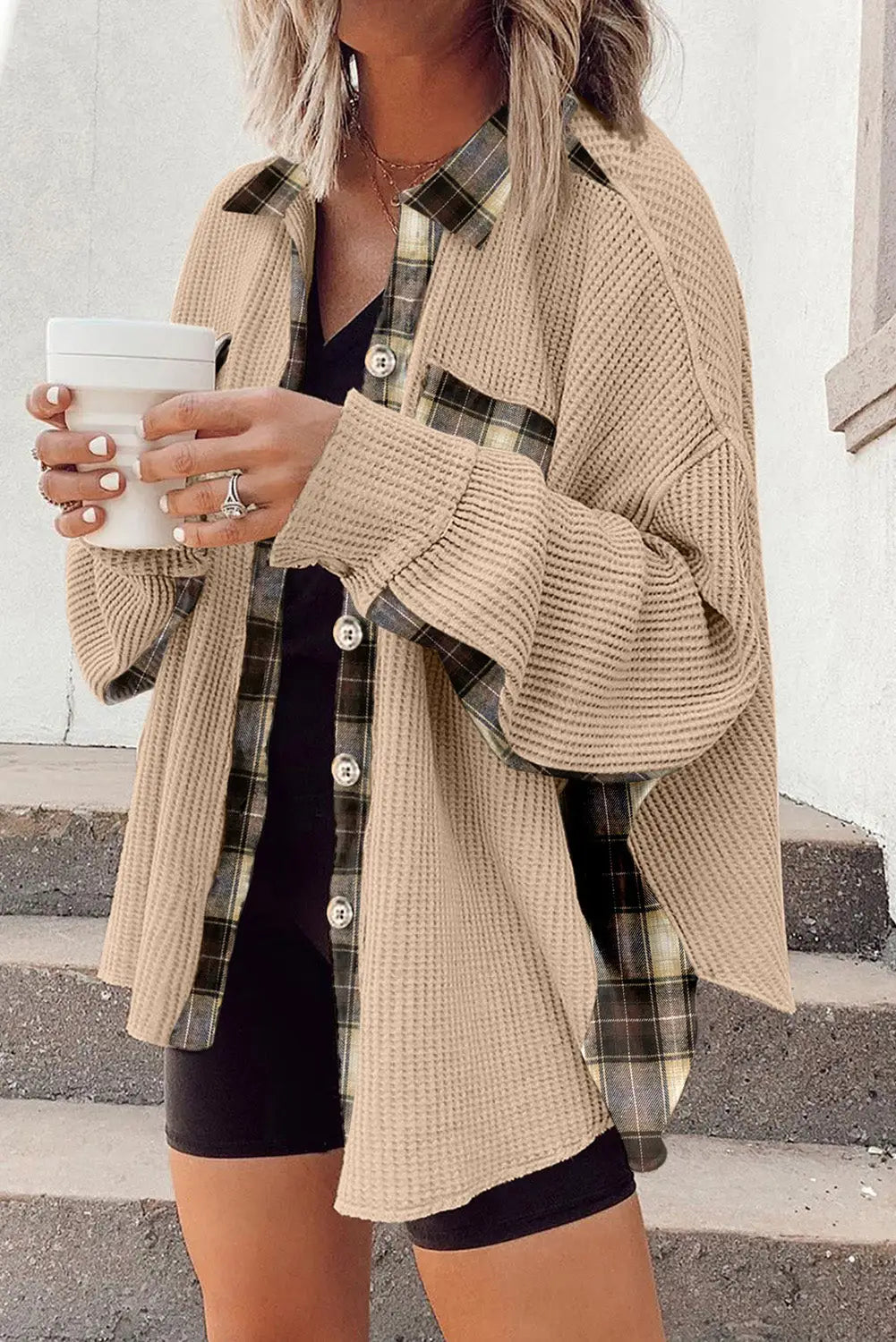 Apricot plaid patchwork waffle thermal knit shacket - s /