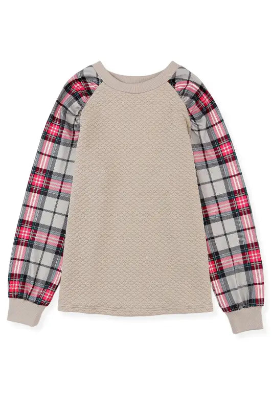 Apricot plaid raglan sleeve sweatshirt - tops