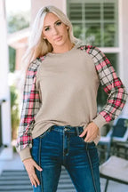 Apricot Plaid Raglan Sleeve Sweatshirt - Fashionfitz
