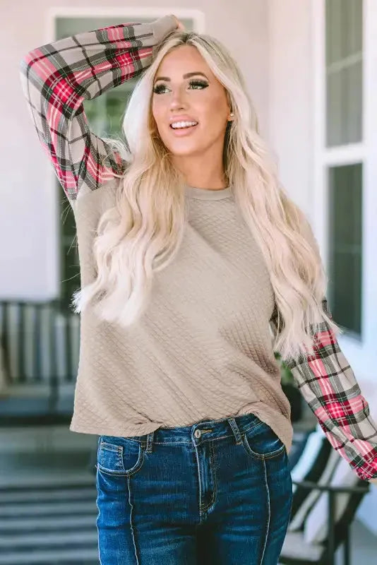 Apricot Plaid Raglan Sleeve Sweatshirt - Fashionfitz