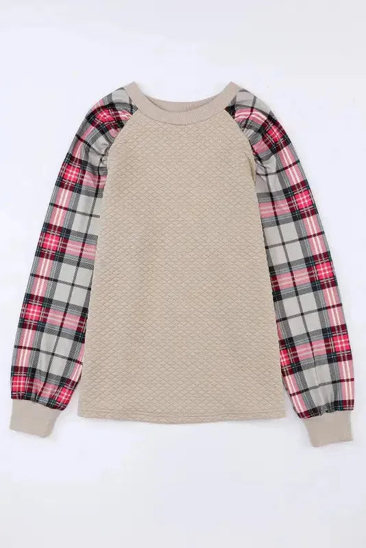 Apricot Plaid Raglan Sleeve Sweatshirt - Fashionfitz