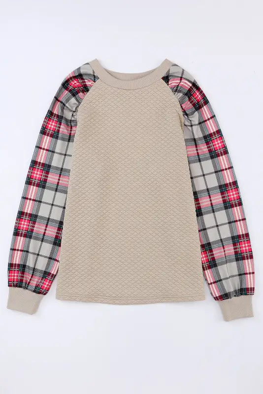 Apricot plaid raglan sleeve sweatshirt - tops