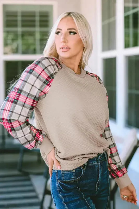 Apricot Plaid Raglan Sleeve Sweatshirt - Fashionfitz
