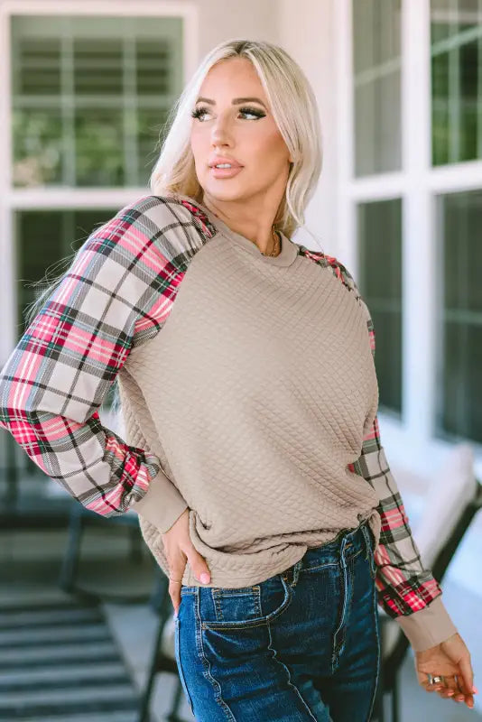 Apricot plaid raglan sleeve sweatshirt - tops