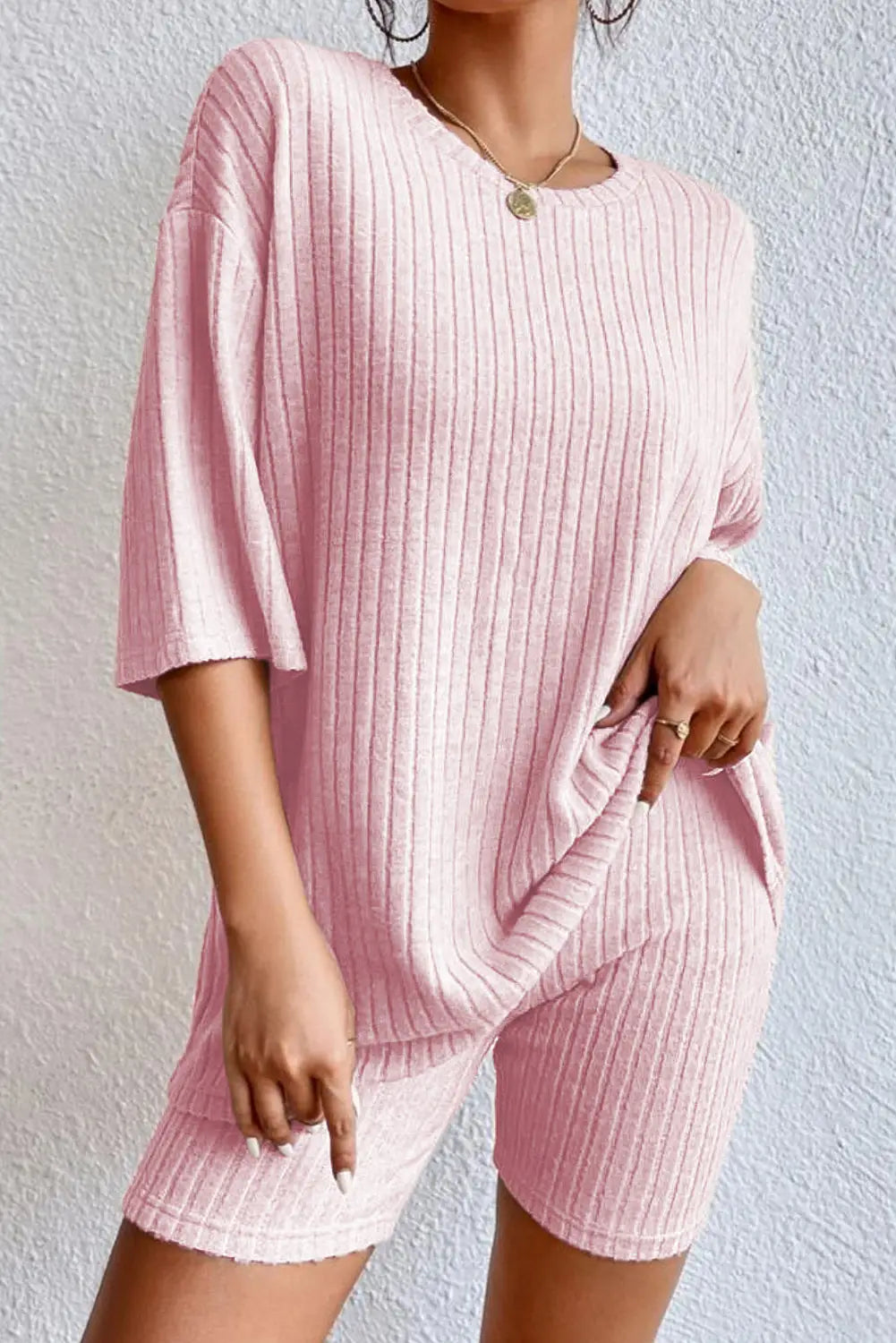 Apricot plain ribbed loose fit two piece lounge set - pink