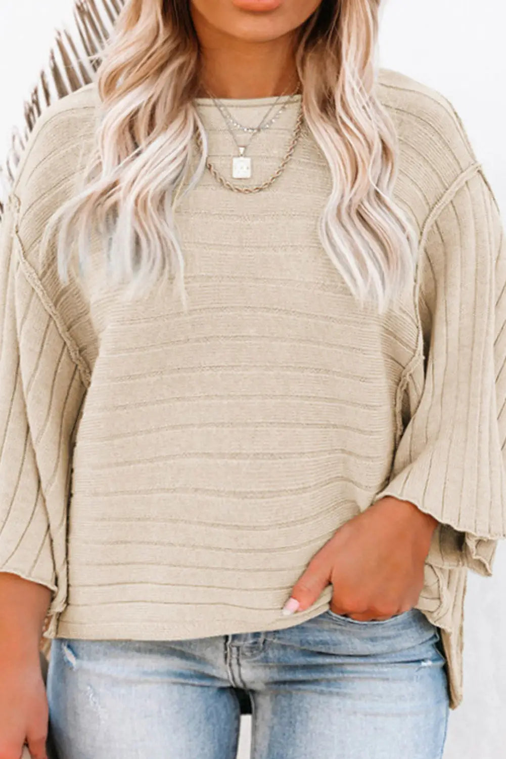 Apricot plus size exposed seam bracelet sleeve ribbed top