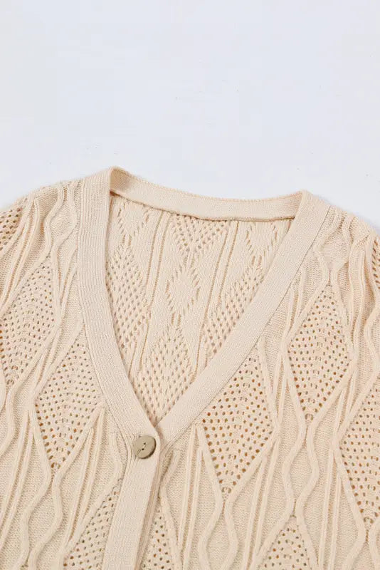 Apricot plus size knitted hollow out button up cardigan