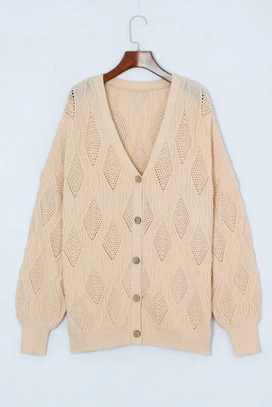 Apricot plus size knitted hollow out button up cardigan