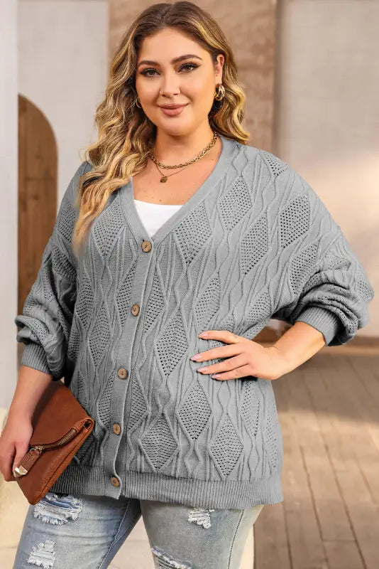 Apricot plus size knitted hollow out button up cardigan