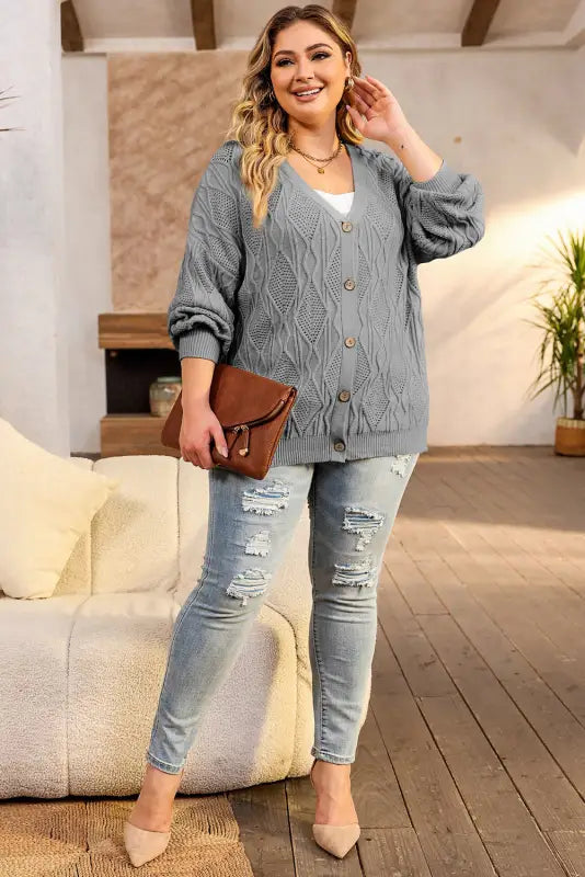 Apricot plus size knitted hollow out button up cardigan