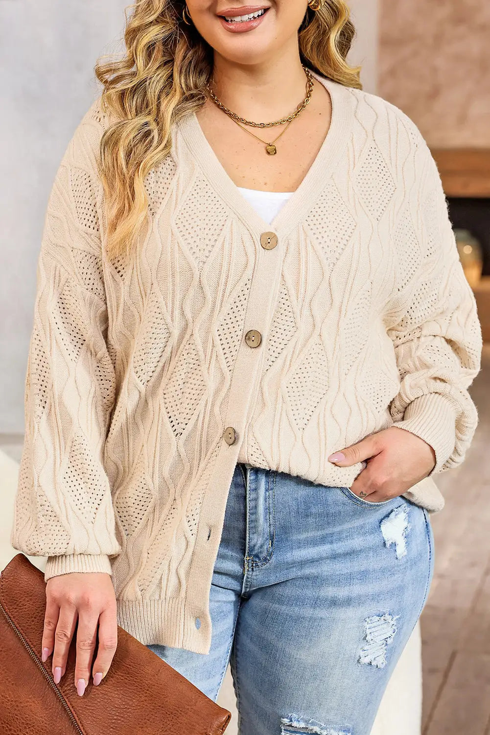 Apricot plus size knitted hollow out button up cardigan