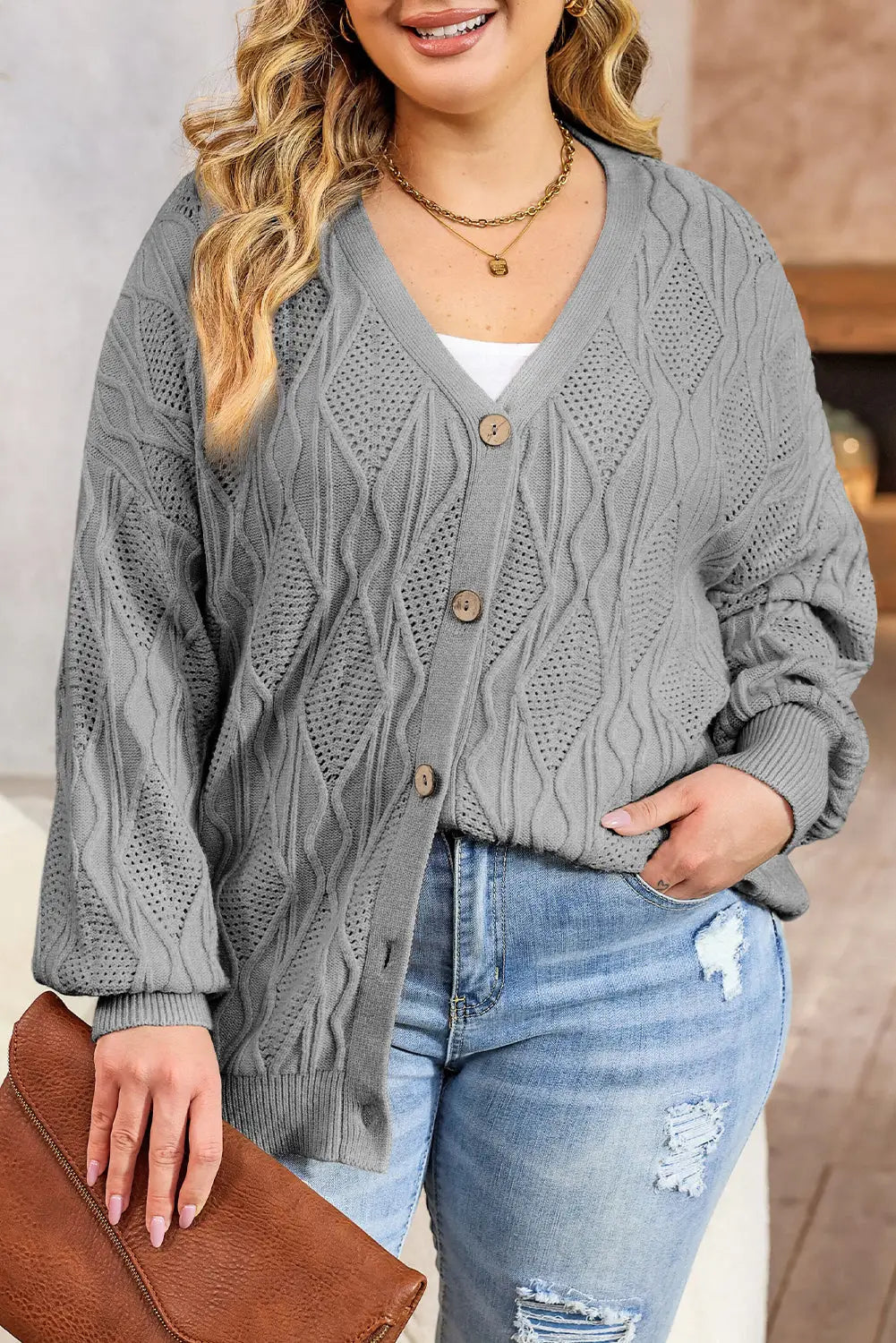 Apricot plus size knitted hollow out button up cardigan
