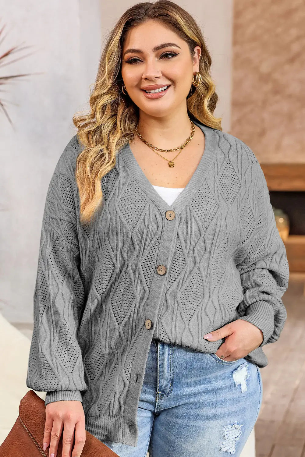 Apricot plus size knitted hollow out button up cardigan - gray / 1x / 50% viscose + 28% polyester + 22% polyamide