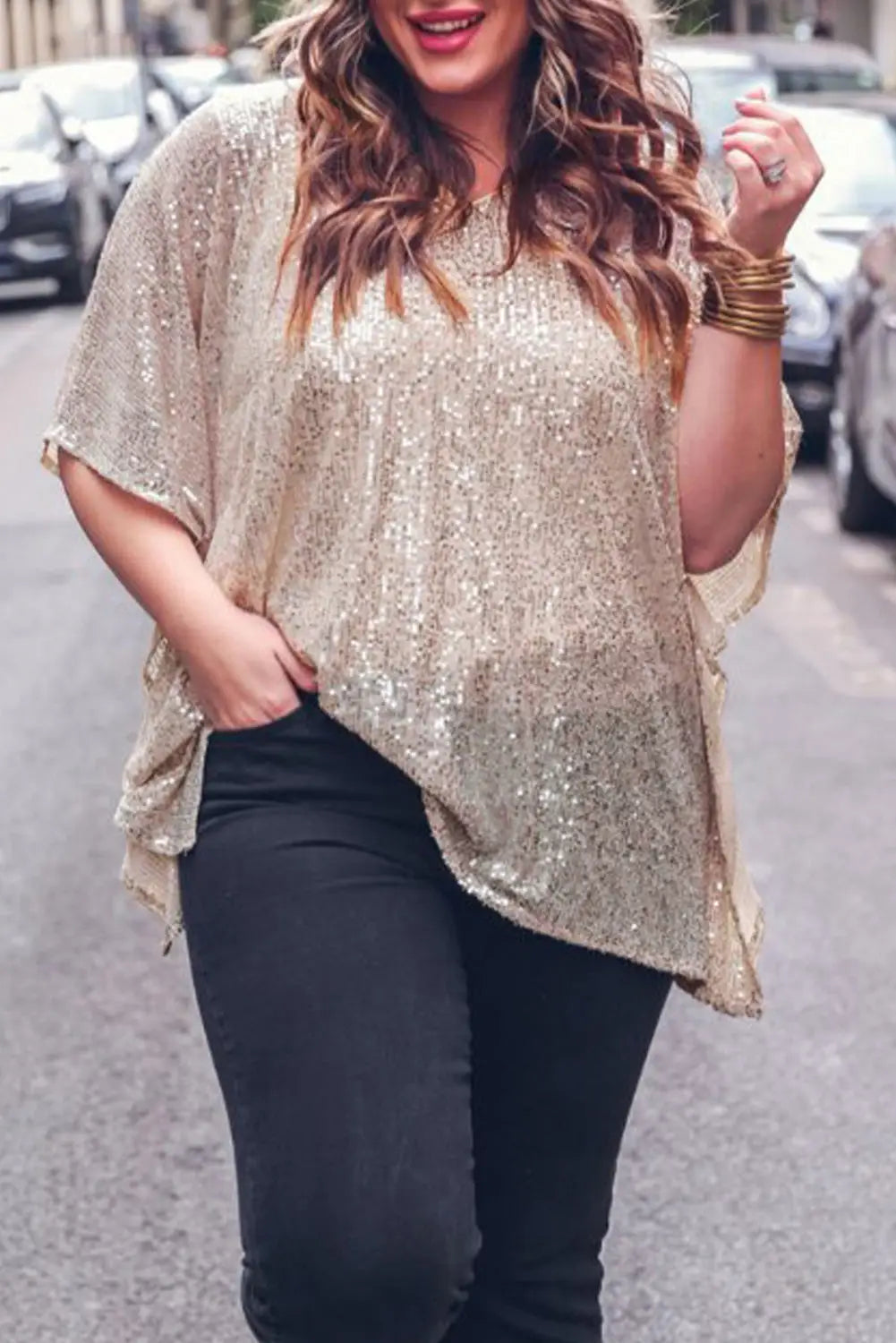 Apricot Plus Size Sequined V Neck Boxy Top - 1X