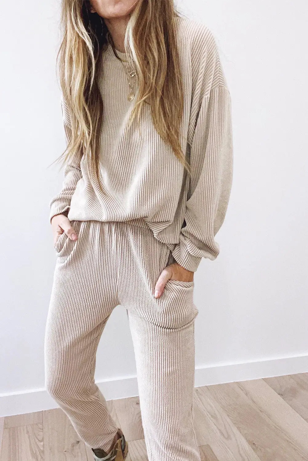 Apricot pocketed drop shoulder corded sweat suit -