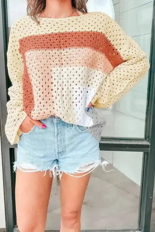 Apricot pointelle baggy sweater front view — Fashionfitz UK