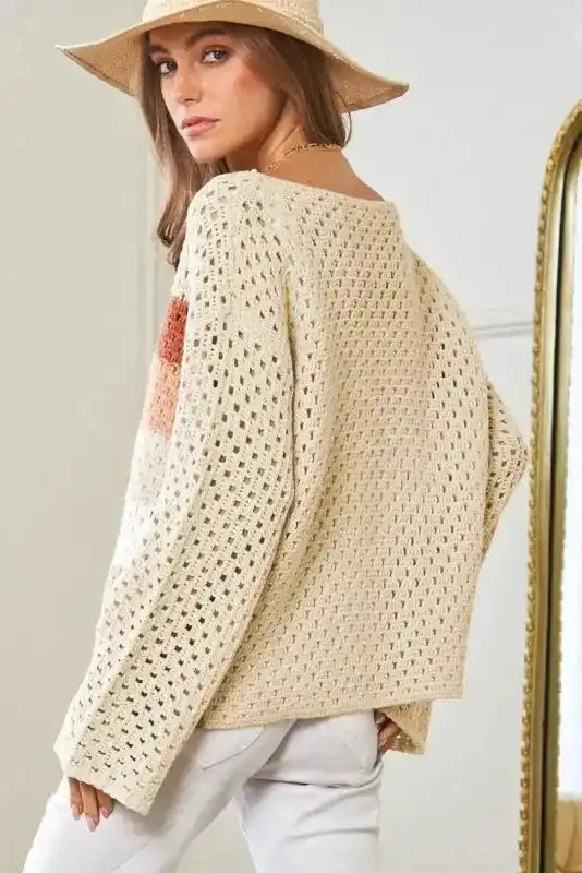 Apricot pointelle baggy sweater back view — Fashionfitz UK