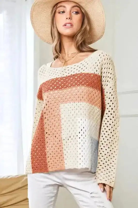 Apricot Pointelle Baggy Sweater - Fashionfitz