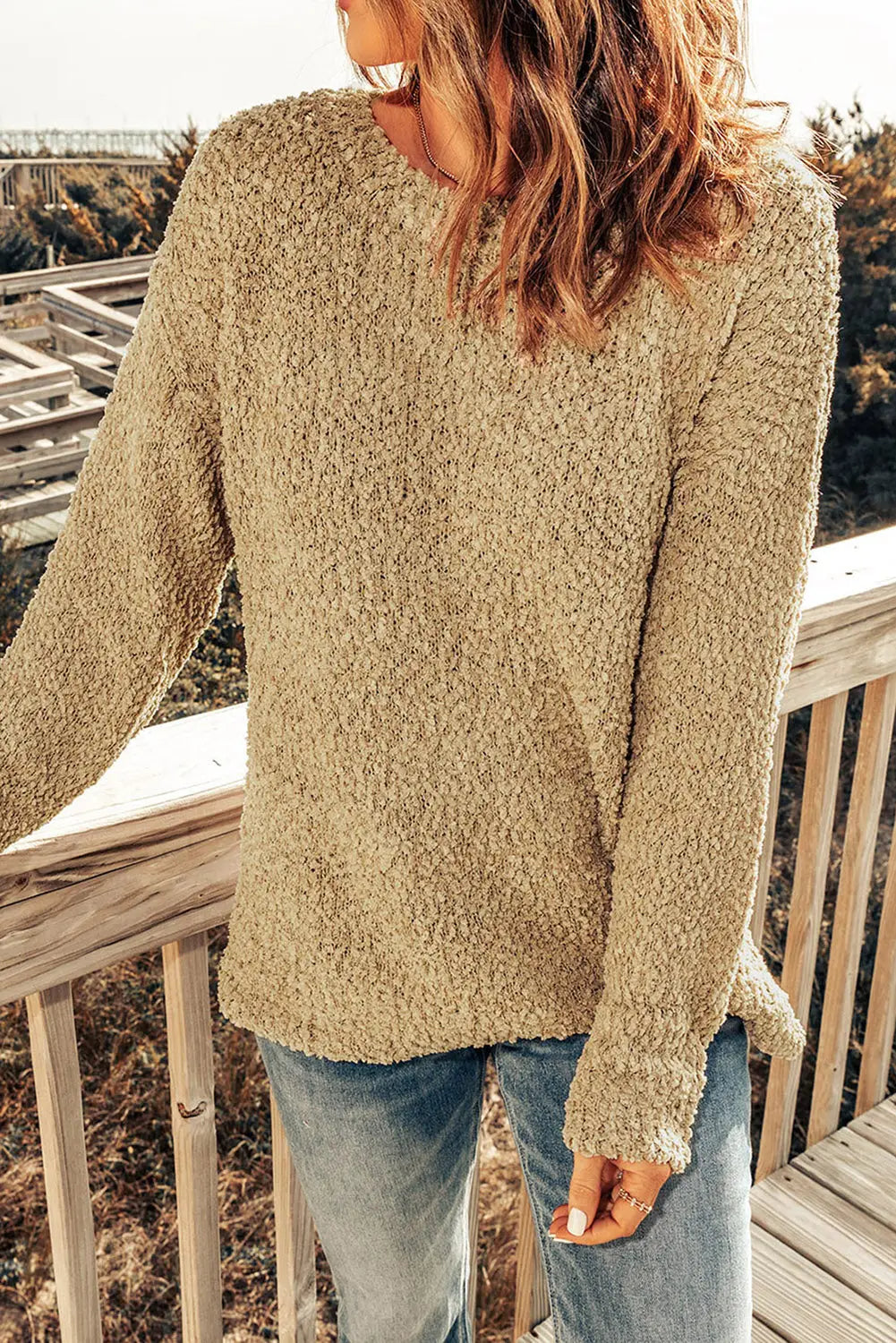 Apricot porncorn drop shoulder pullover knit sweater - tops