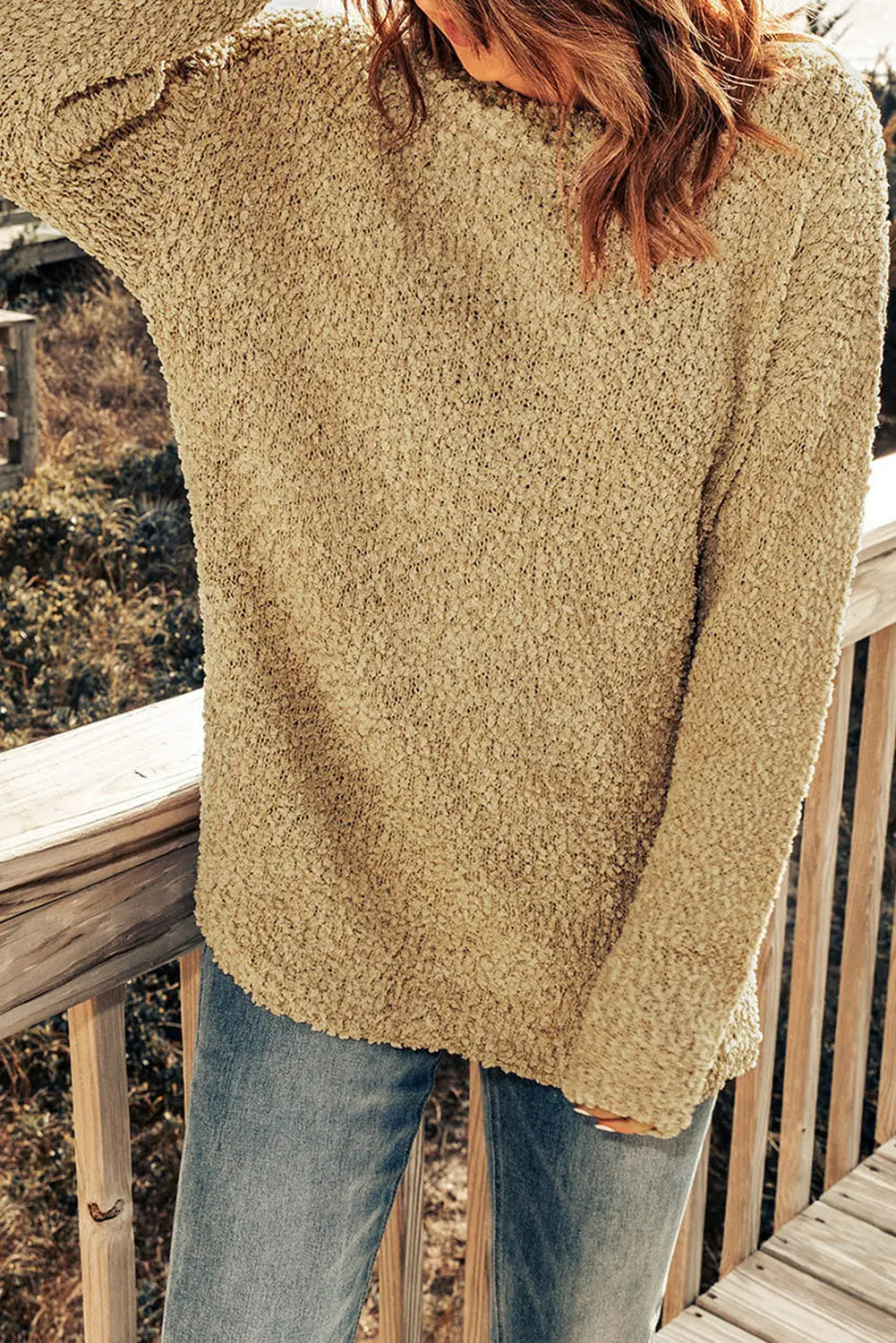 Apricot porncorn drop shoulder pullover knit sweater - tops