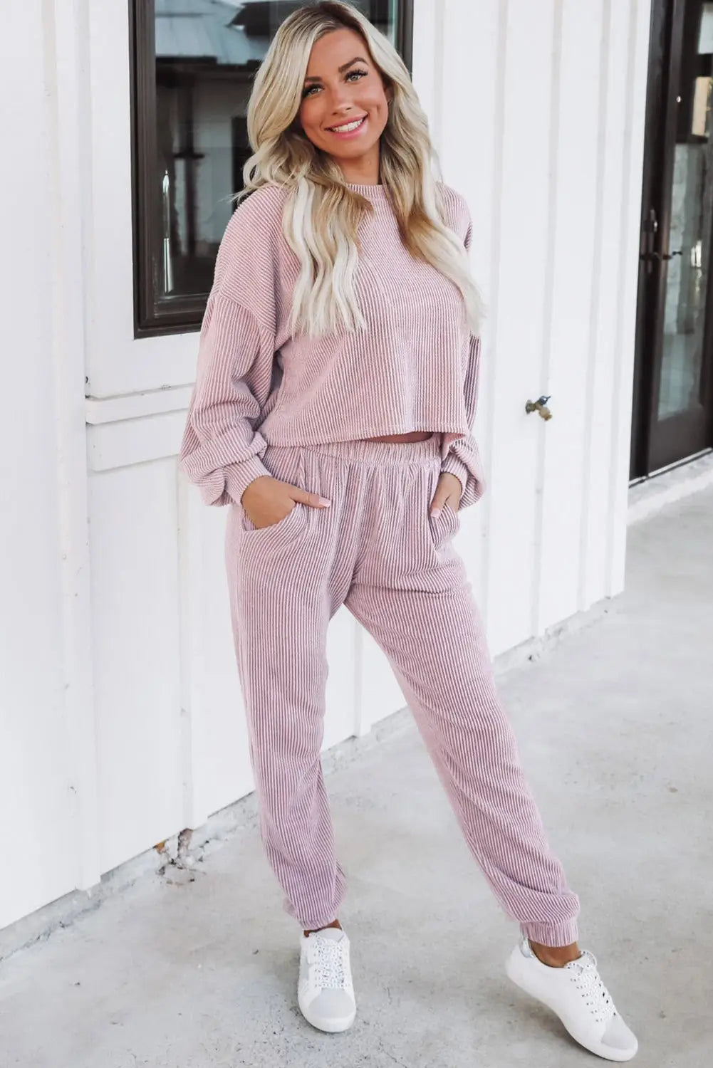 Apricot powder ribbed two piece pullover and joggers lounge