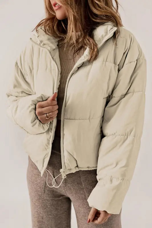 Apricot puffer coat - zip up drawstring hem - s / 100% polyester