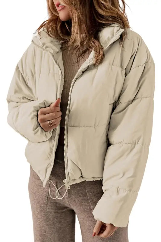 Apricot puffer coat - zip up drawstring hem