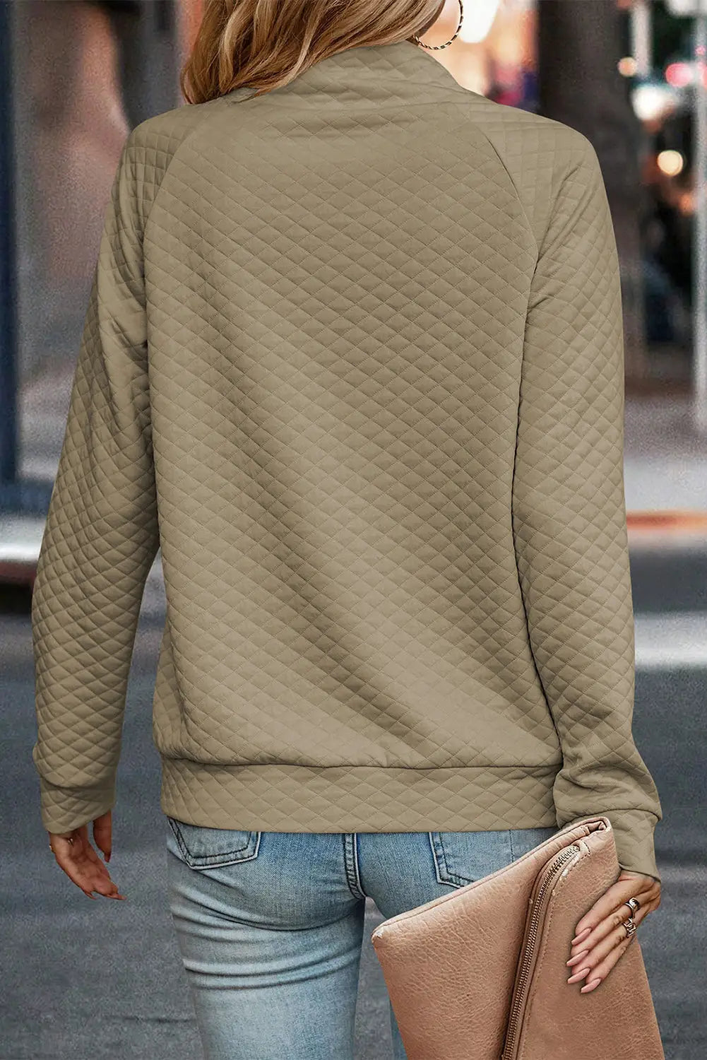 Apricot quilted buttoned neckline stand neck pullover sweatshirt - sweatshirts & hoodies