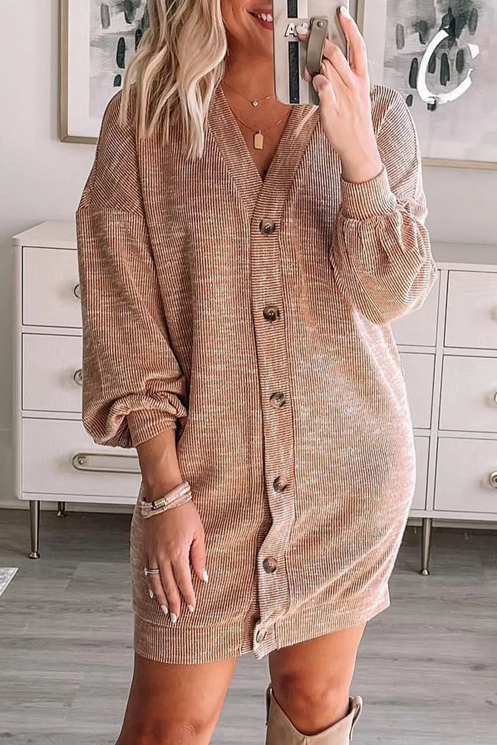 Apricot ribbed buttons v neck cardigan - s /