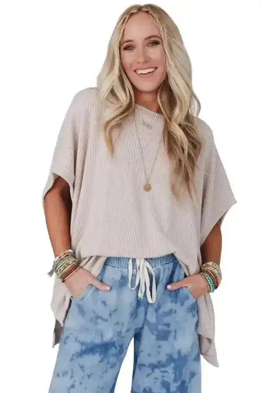 Apricot Ribbed Knit Batwing Sleeve Tunic Oversized T Shirt - Fashionfitz