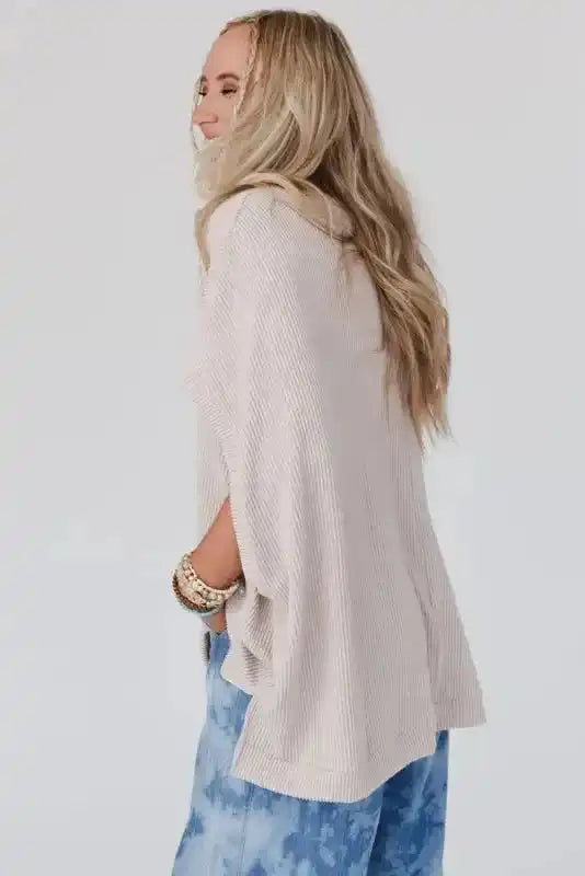 Apricot Ribbed Knit Batwing Sleeve Tunic Oversized T Shirt - Fashionfitz