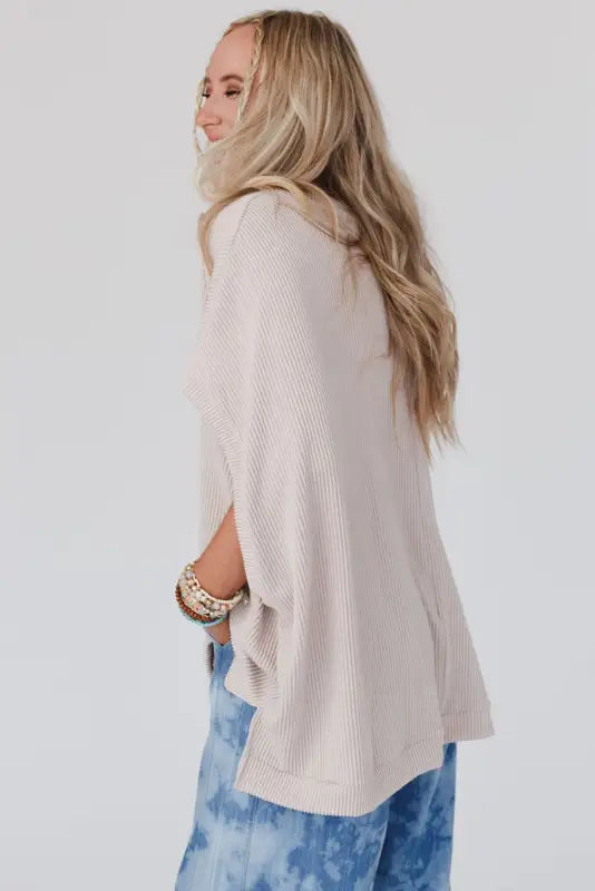 Apricot ribbed knit batwing sleeve tunic oversized t shirt - t-shirts