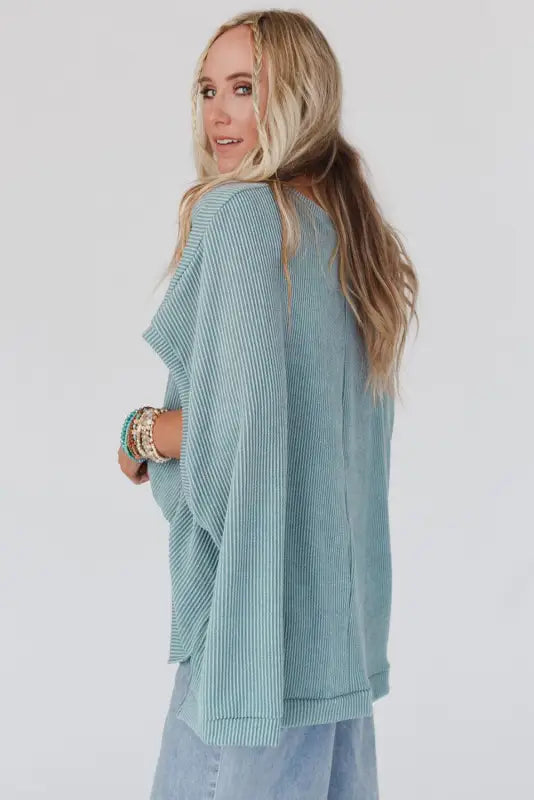 Apricot ribbed knit batwing sleeve tunic oversized t shirt - t-shirts