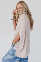 Apricot Ribbed Knit Batwing Sleeve Tunic Oversized T Shirt - Fashionfitz
