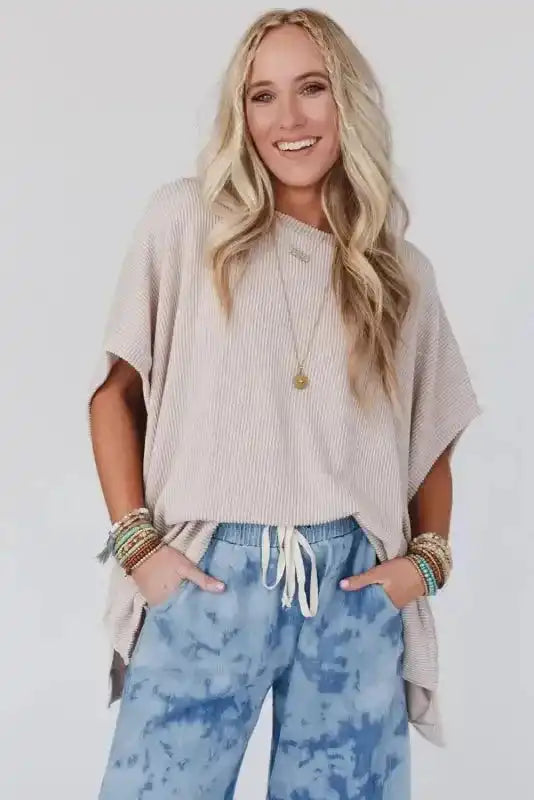 Apricot Ribbed Knit Batwing Sleeve Tunic Oversized T Shirt - Fashionfitz