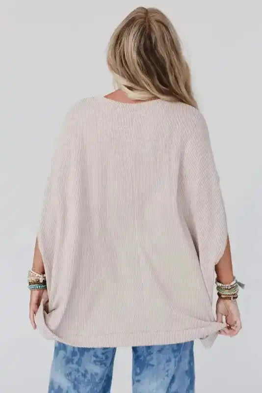 Apricot Ribbed Knit Batwing Sleeve Tunic Oversized T Shirt - Fashionfitz