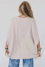Apricot Ribbed Knit Batwing Sleeve Tunic Oversized T Shirt - Fashionfitz