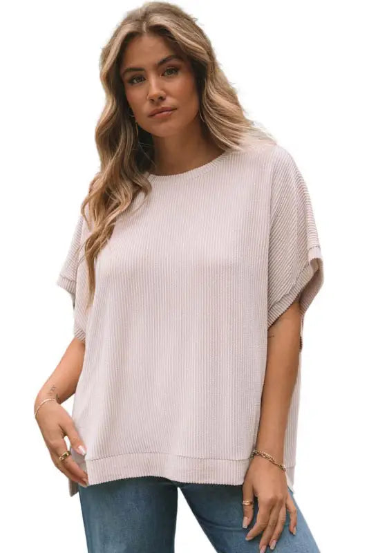 Apricot ribbed knit batwing sleeve tunic oversized t shirt - t-shirts