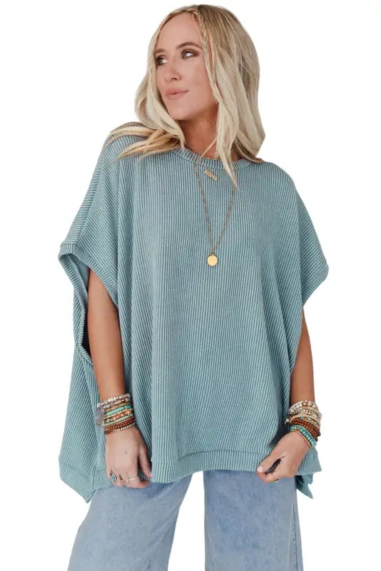 Apricot ribbed knit batwing sleeve tunic oversized t shirt - t-shirts