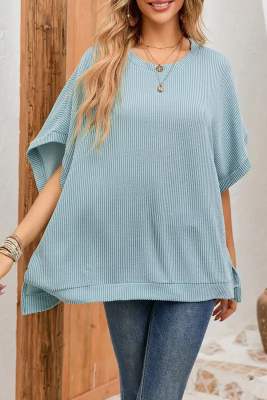 Apricot ribbed knit batwing sleeve tunic oversized t shirt - t-shirts