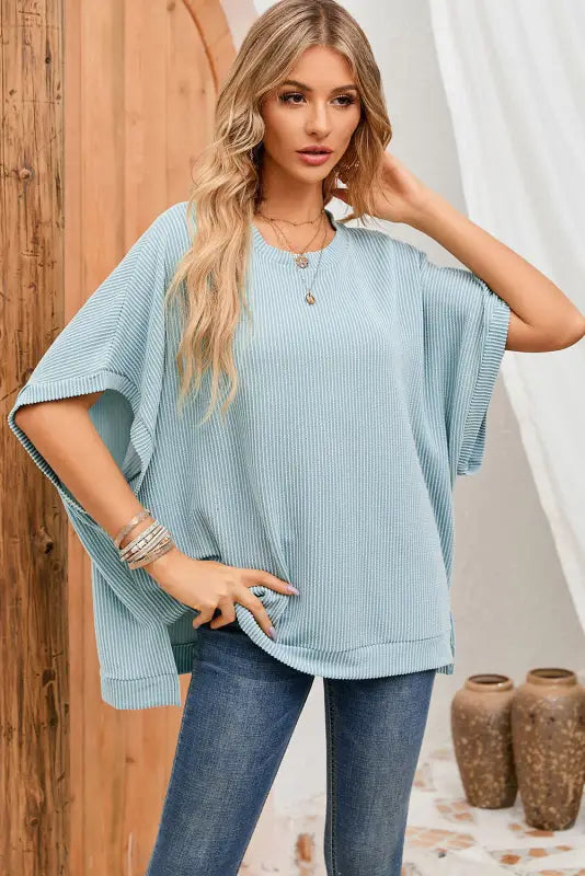 Apricot ribbed knit batwing sleeve tunic oversized t shirt - sky blue / s / 65% polyester + 30% viscose + 5% elastane