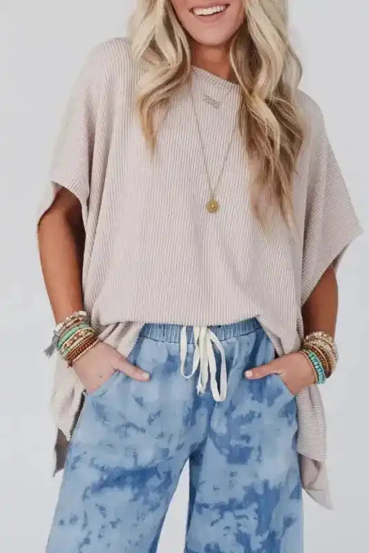 Apricot Ribbed Knit Batwing Sleeve Tunic Oversized T Shirt - Fashionfitz