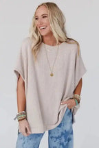 Apricot Ribbed Knit Batwing Sleeve Tunic Oversized T Shirt - Fashionfitz